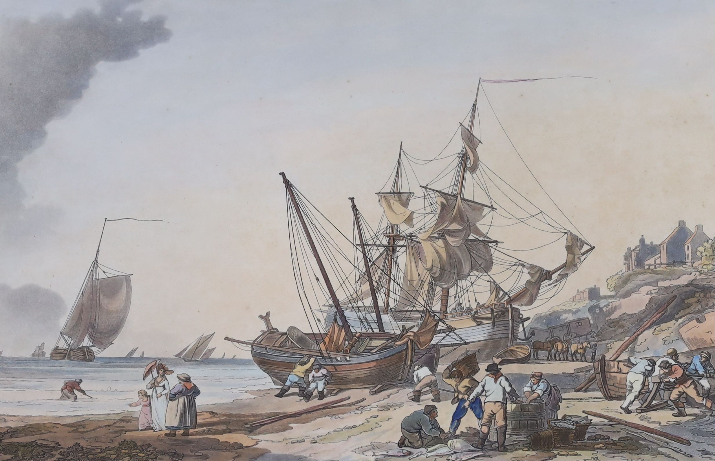 After Philippe-Jacques de Loutherbourg, colour print, 'Brighthelmstone, Fishermen returning', 37 x 54cm